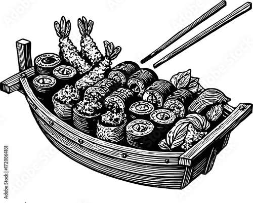 Monochrome illustration of a sushi boat filled with tempura and rolls served with chopsticks, showcasing Japanese cuisine with seafood and rice.