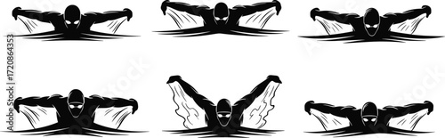 Butterfly stroke swimmer silhouette, competitive swimming, aquatic athlete training, water sport illustration, swimming motion, performance fitness, professional swimmer, speed, endurance, exercise