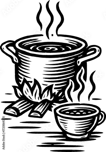 A black and white rustic illustration shows a pot cooking over a campfire with a steaming cup nearby, ideal for themes of outdoor cooking and vintage charm.