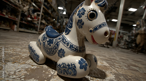 Vintage Delft Blue Rocking Horse, Dutch Ceramic Toy Art, Hand-Painted Porcelain Classic