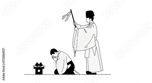 Japanese Shinto Priest Performing Purification Ritual, Illustrating Traditional Religious Ceremony and Cultural Heritage Practices Ideal for Education and Graphic Design Projects