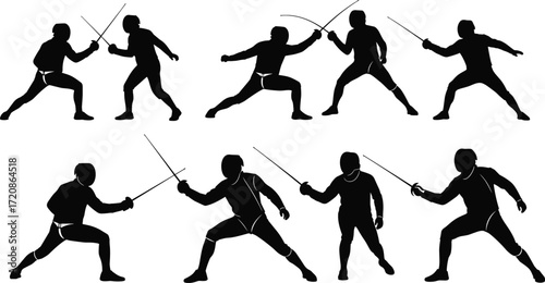 Fencing silhouette vector, fencers duel with swords, Olympic sport illustration, athletes training, combat action, competition fight, martial art, precision movement, swordplay skill