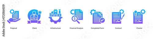 Project Execution web banner icon vector illustration featuring Proposal, Client, Infrastructure, Financial Analysis, Completed Form, Contract, and Charter.