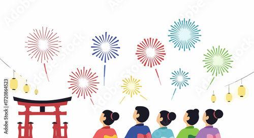 Vibrant Fireworks Display Over a Traditional Japanese Gate Celebrating Culture, Community, and Festive Occasions. Suitable for tourism, festival, and cultural events promotion.
