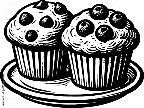 A black and white illustration of two blueberry muffins sitting on a small white plate showcasing simple culinary dessert illustration.