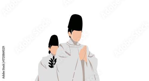 Elegant Shinto priests in traditional garb, a serene depiction of Japanese religious figures for cultural, spiritual, or ceremonial illustrations.