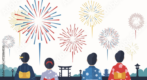 Festive Japanese Fireworks Display with Traditional Attire and Cultural Elements for Holiday Celebrations and Cultural Event Promotion and Design