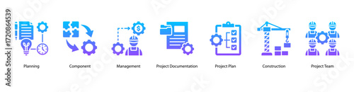 Business Planning web banner icon vector illustration featuring Planning, Component, Management, Project Documentation, Project Plan, Construction, and Project Team.