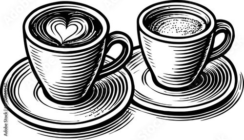Two ceramic coffee cups with saucers featuring an illustration of coffee art. Close up and classic, isolated on a white background.