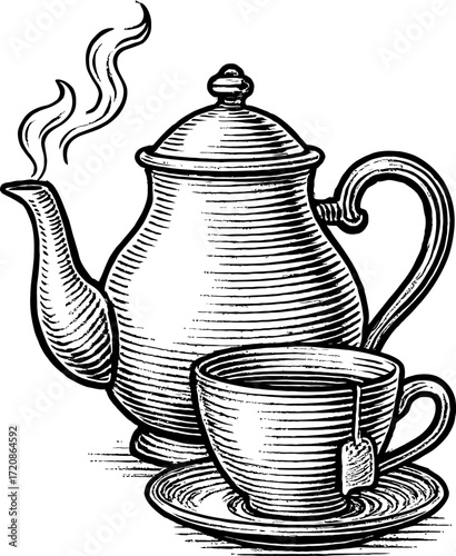 A vintage black and white illustration of a teapot and a cup. The steam rises from the teapot. The cup sits on a saucer and contains a tea bag. Graphic engraving design.
