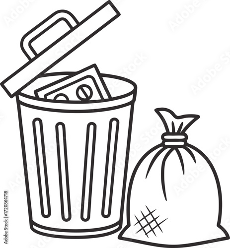 Modern line style icon of garbage disposal into dustbin.