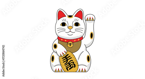Vector illustration of Maneki Neko, a traditional Japanese lucky charm, symbolizing good fortune and prosperity. Used for cultural promotions and festive decorations.