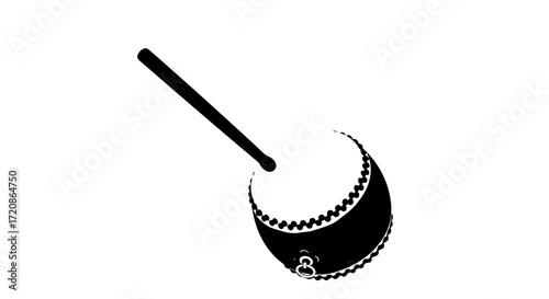 Isolated Black and White Drum Illustration with Drumstick, Ideal for Music Education Resources, Rhythm Studies, or Cultural Performance Design Elements