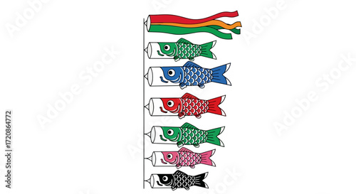 Vibrant Koinobori Carp Streamers Illustration for Japanese Children's Day Celebration and Cultural Events, perfect for educational materials and festive decorations.