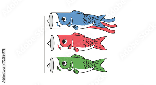 Colorful Koinobori Carp Streamers Illustration for Japanese Children's Day Celebrations and Cultural Designs, Ideal for Educational Materials and Festive Decorations