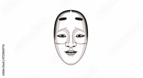 Illustration of a Traditional Japanese Noh Mask Depicting a Young Woman, Ideal for Cultural Presentations and Theatrical Design Projects