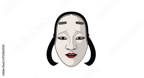 Traditional Japanese Noh Mask Illustration Depicting a Young Woman, Ideal for Cultural Presentations and Theater Related Visuals