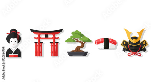 Japanese Culture Icon Set Featuring Geisha, Torii Gate, Bonsai Tree, Sushi, and Samurai Armor, suitable for travel guides, educational materials, and cultural presentations.
