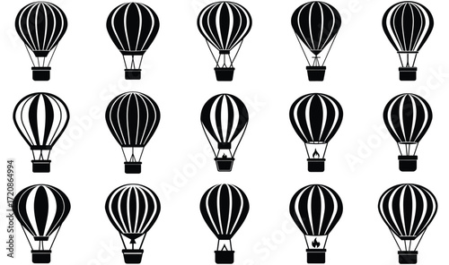 Set of fifteen black and white illustrations of hot air balloons with striped patterns and baskets on a white background