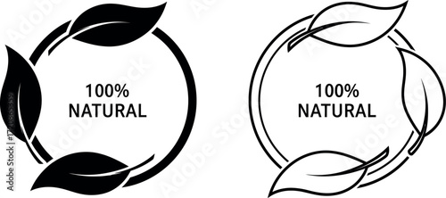 Two stylized circular emblems with leaves and "100% NATURAL" text, representing purity and organic quality.