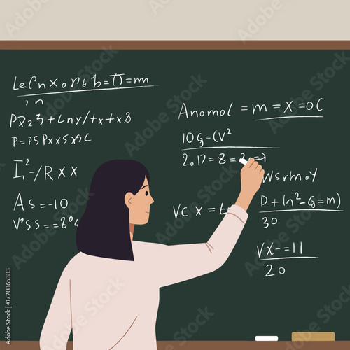 Modern Vector Illustration of a Woman Teaching Equations on Chalkboard with Educational and Scientific Style in Neutral Colors