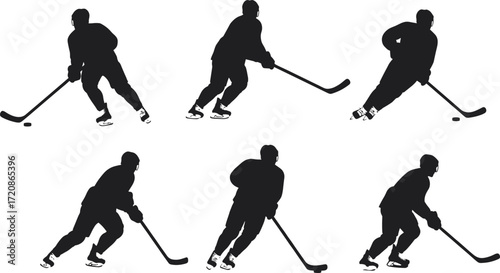 Ice hockey player silhouette vector, sports action illustration, athlete skating with stick, professional game, competitive match, ice rink training, hockey design