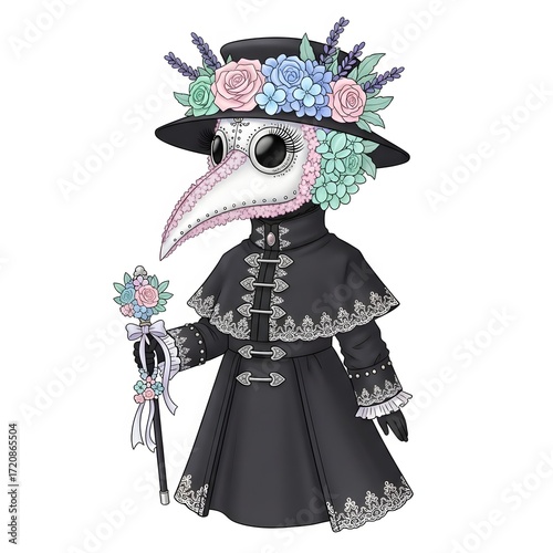 A Whimsical Plague Doctor with Flowers