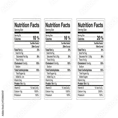 Three nutrition facts labels displaying essential dietary information for food products