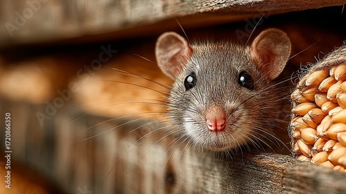 Curious Mice Peeking from Wooden Crevice with Scattered Grains