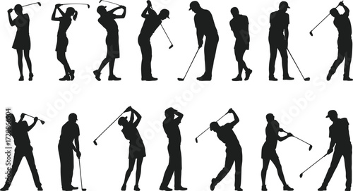 Golf player silhouettes in action, men and women golfers swinging, putting, standing, vector illustration for sports design, clipart, graphics.