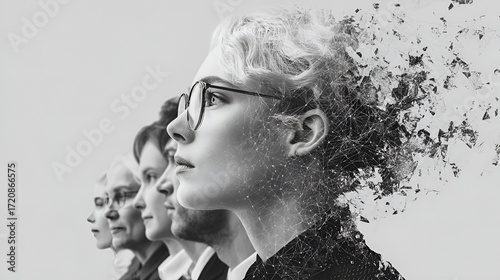 Digital Identity Fragmentation, Mind Unraveling in Tech Era, Woman Disappearing into Data Stream