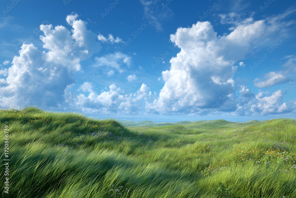 Obraz premium Lush green hills under a bright blue sky with fluffy white clouds.