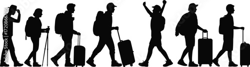 Group hiking travelers walking, backpackers trekking with luggage, outdoor adventure silhouettes, nature exploration journey, travel vacation hikers, walking tourists hiking sticks