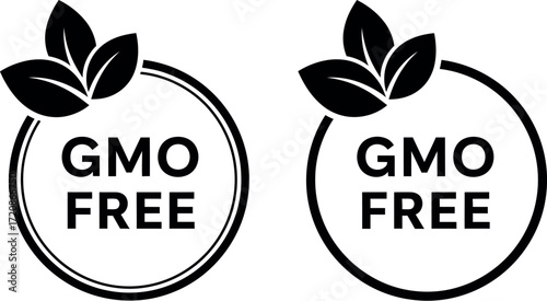 Two black and white circular icons with leaves, signifying GMO-free products.
