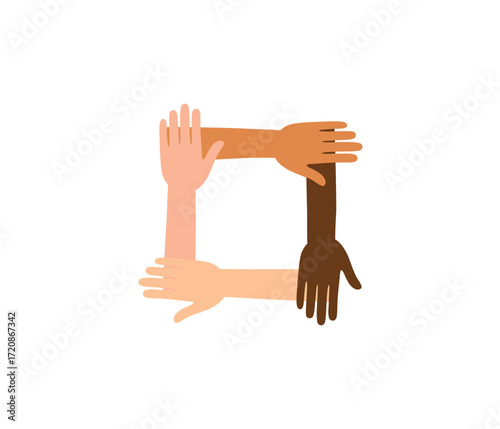 Diverse hands forming a square. Symbolizing global unity, equality, and multicultural collaboration. Social awareness, inclusivity, human rights, and international solidarity.