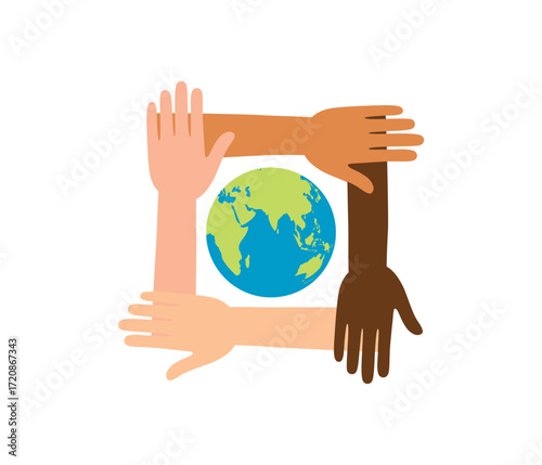 Diverse hands forming a square around Earth. Symbolizing global unity, equality, and multicultural collaboration. Social awareness, inclusivity, human rights, and international solidarity.
