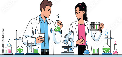 Male and female scientists working in laboratory, chemical experiment, research analysis, microscope study, science education, laboratory teamwork, biotechnology research, innovation
