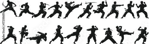 Martial arts silhouettes performing kung fu, karate, tai chi, fighting moves, weapon combat, self-defense training, action poses, discipline, strength, agility.