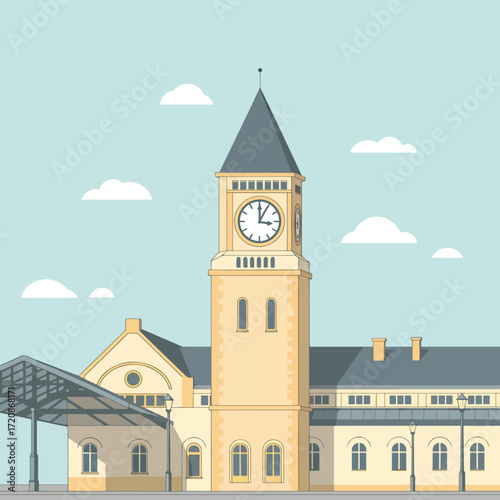 Vector Illustration of Historic Clock Tower in Modern Minimalist Style with Neutral Color Palette