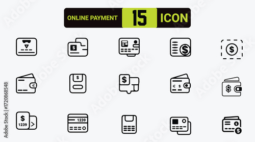 A collection of line-style web icons for online payments. Collection of linear icons for payments. Including credit card, cash, transactions, money transfers, e-wallets, cashless wallets, and more