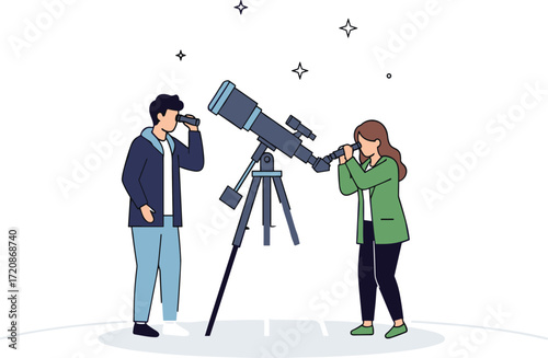 Man and woman observing night sky with telescope, astronomy exploration, stargazing activity, scientific observation, cosmic universe study, outdoor adventure