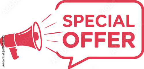 Megaphone announcing a special offer with bold red text in a speech bubble
