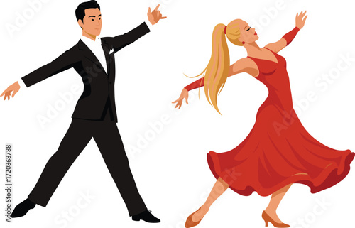 Cartoon Dance Icons Featuring Elegant Couple in Red Dress and Black Suit, Ballroom Pose, Movement Theme, Performance Mood, and Style