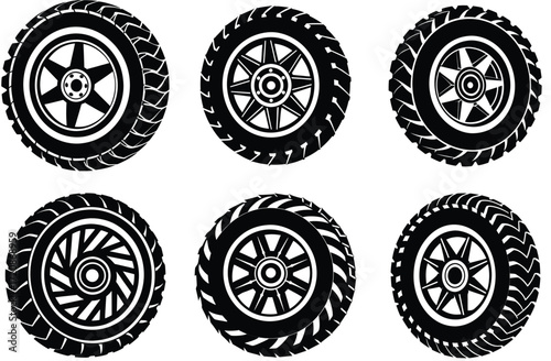 Set of six black and white tire icons with different tread patterns and wheel designs on a white background