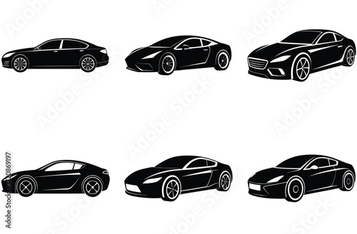 Six black silhouette icons of various modern cars including sedans and coupes on a white background