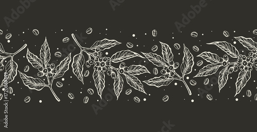 Coffee sketch seamless pattern. Abstract strip repeat on black background. 