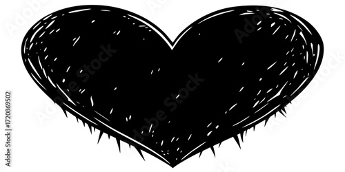 Vector art of a rough, handdrawn black heart shape with a textured, scribbled fill and spiky edges, isolated on a, symbolizing love, emotion, or a broken heart