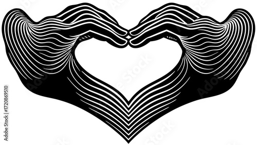 Vector art of two hands forming a heart shape with their fingers, created using flowing, parallel lines in a black and white graphic style, symbolizing love, connection, and unity, isolated on a