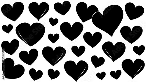 Vector art of a scattered arrangement of solid black heart shapes of various sizes, conveying a sense of love and affection, isolated on a clean