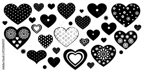 Vector art of a collection of black hearts with various patterns and designs, including polka dots, floral motifs, and geometric shapes, isolated on a